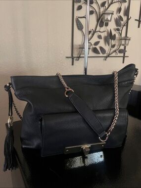 Vince Camuto Black Leather Shoulder Bag with Gold-Tone Chain